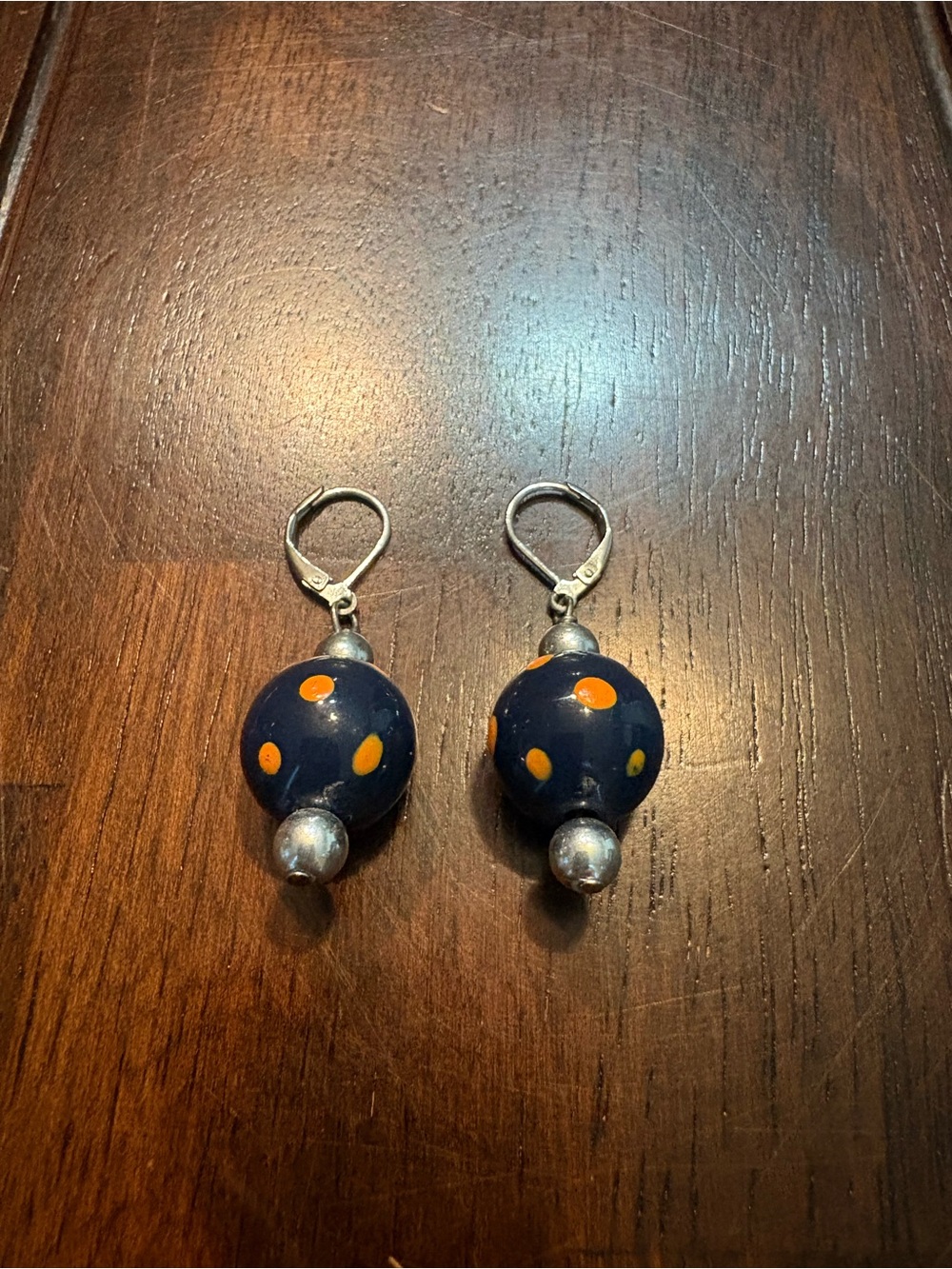 Navy Blue Bead Drop Earrings with Orange Polka Dots